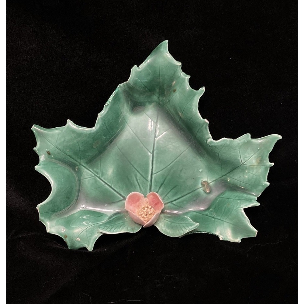 Floral Maple Leaf Ceramic Candy Trinket Dish Ashtray VTG MCM Green Pink Japan